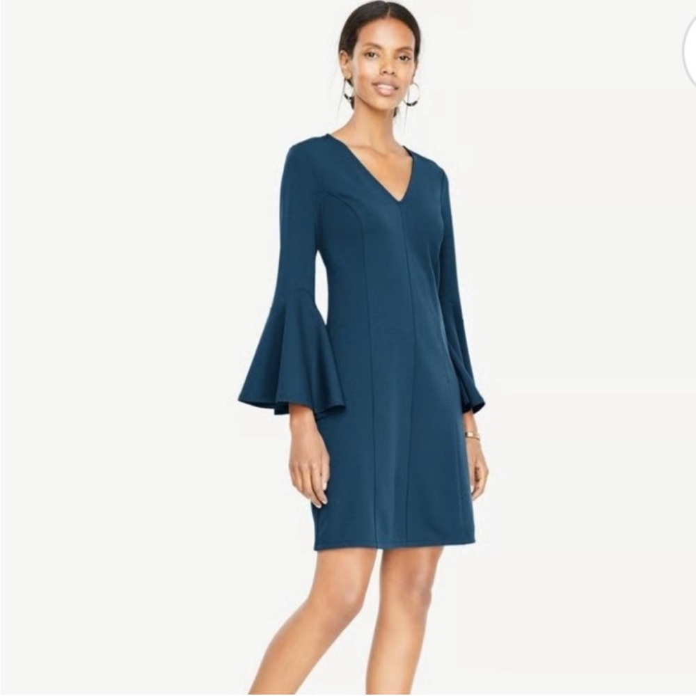 Ann Taylor Bell Sleeve V-Neck Sheath Dress Womens XSP Teal Blue Petite NWT